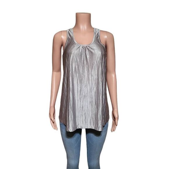 Crew neck loose fit sleeveless ruched front  shiny top S - Picture 2 of 5